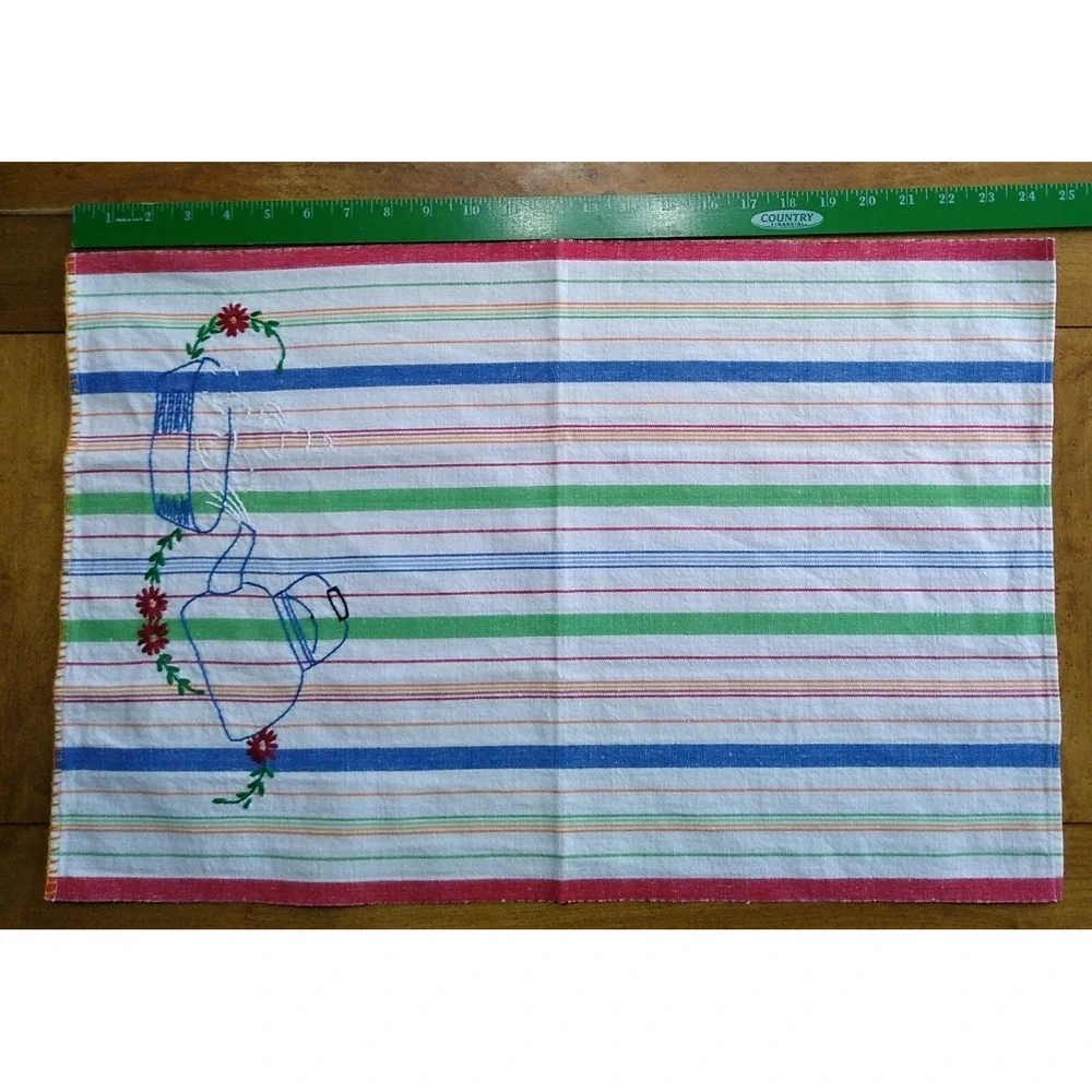 Vtg Embroidered Cotton Tea Towel Striped Blue Red Green Teapot 24 x 16